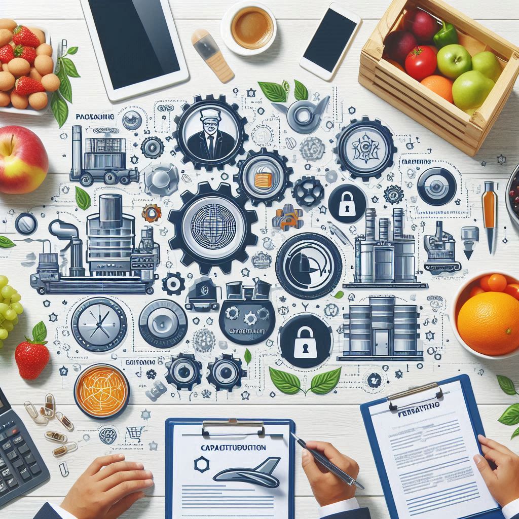 Abstract illustration of capacity building and training in food processing, packaging, and export regulations, emphasizing workshops and skill development under SAARC Foods Association of Sri Lanka